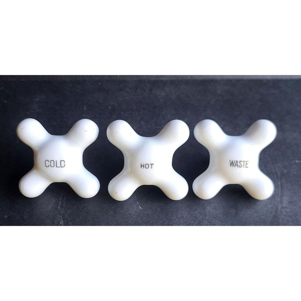 Vintage White Porcelain Cross Faucet Handles Set Hot Cold Waste Ceramic 3pc